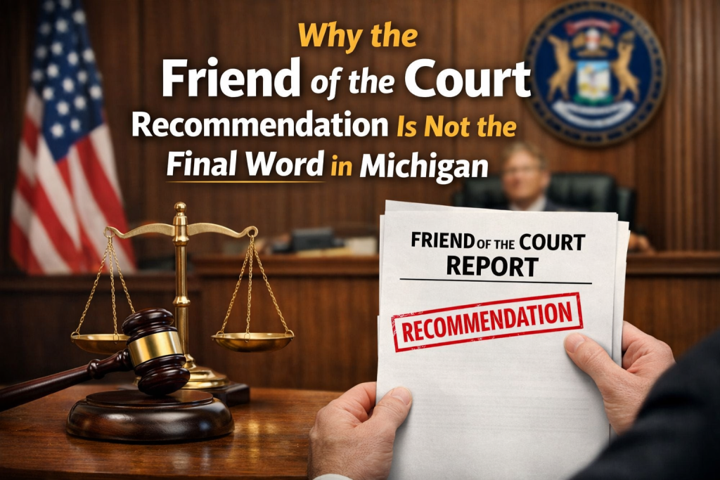 Friend of the Court recommendation in Michigan shown in courtroom setting with judge, gavel, and custody report
